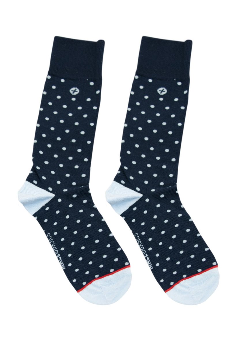 MaleBasics fun sock-dotted navy blue cotton socks with white polka dots light blue toe caps and red heel trim