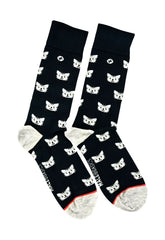 Malebasics fun sock feline black socks with white cat faces gray toe and heel and red trim at bottom edge