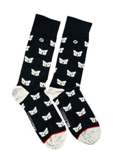 Malebasics fun sock feline black socks with white cat faces gray toe and heel and red trim at bottom edge