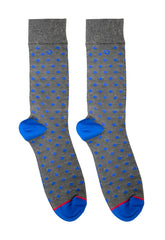 Malebasics fun sock rombos gray socks with blue polka dots bright blue toe caps and pink heel trim