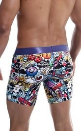 Male basics hipster boxer brief comics featuring vibrant cartoon doodles hearts and text with purple waistband