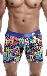 MaleBasics hipster boxer briefs with vibrant comic book-style colorful graffiti graphics and a purple waistband