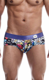Malebasics hipster brief comics feature vibrant graffiti-style prints with colorful cartoon graphics and a bold purple waistband