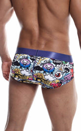 MaleBasics hipster brief comics swim trunks with vibrant character graphics and a bold purple waistband