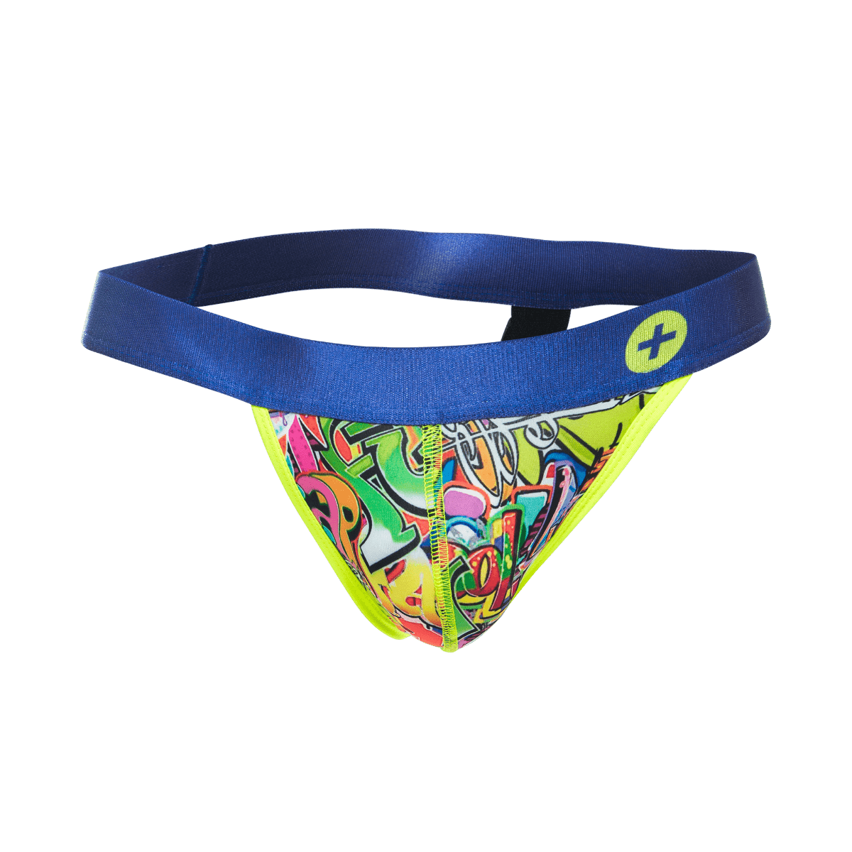 Malebasics hipster jockstrap comics vibrant graffiti pattern with bold blue waistband and neon yellow trim