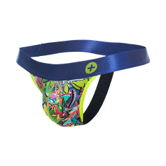 Malebasics hipster jockstrap comics with vibrant graffiti pattern shiny blue waistband and neon yellow trim