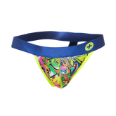 Malebasics hipster jockstrap comics with vibrant graffiti pattern bold blue waistband and neon yellow trim visible from back