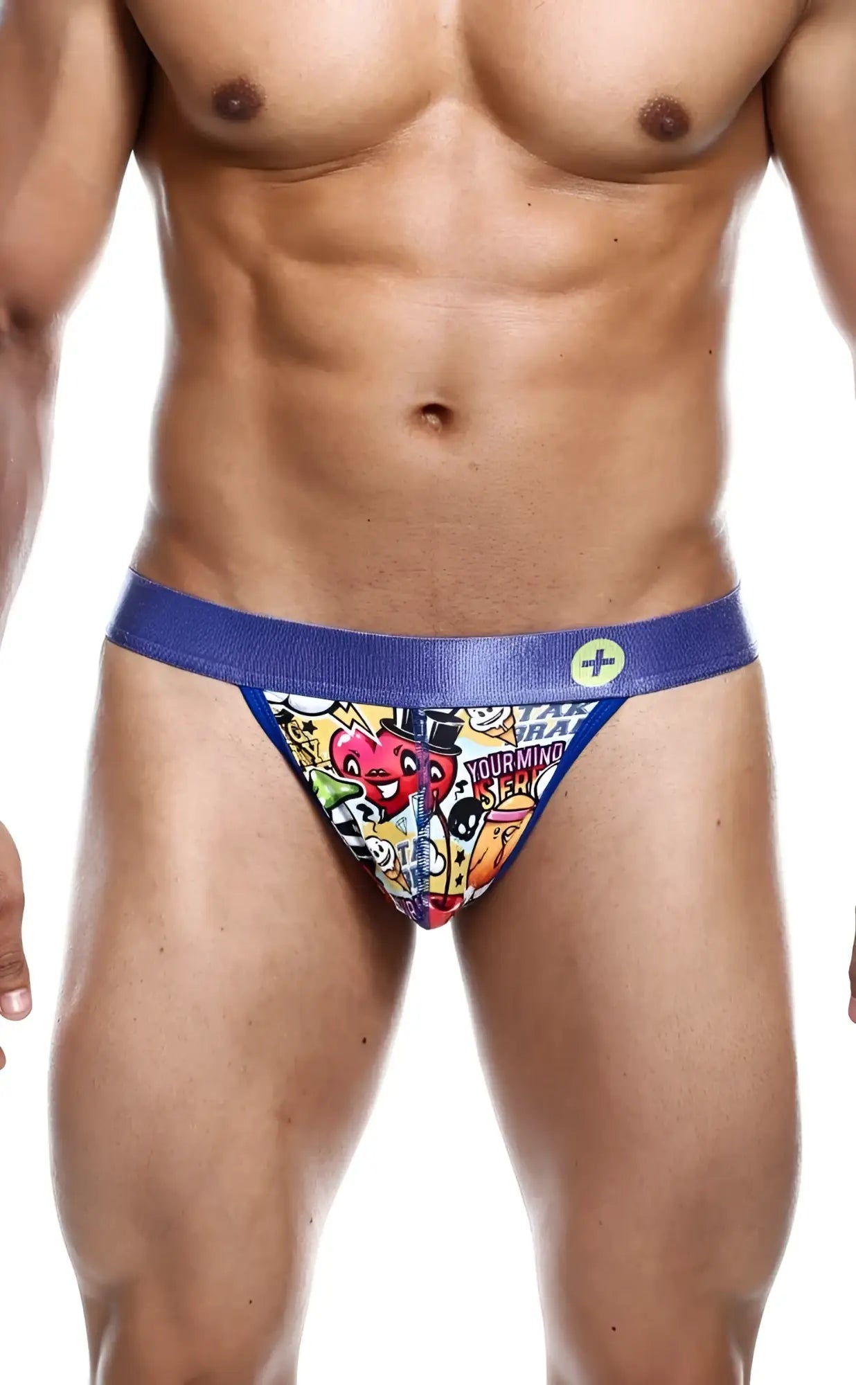 Malebasics hipster thong comics featuring blue and multicolored graffiti briefs with a satin-like waistband