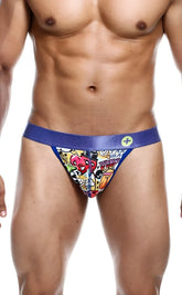 Malebasics hipster thong comics featuring blue and multicolored graffiti briefs with a satin-like waistband