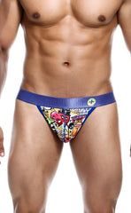 Malebasics hipster thong comics featuring blue and multicolored graffiti briefs with a satin-like waistband