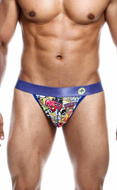 Malebasics hipster thong comics featuring blue and multicolored graffiti briefs with a satin-like waistband