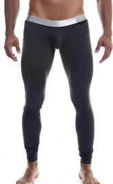 Black men’s compression tights with silver waistband made from pima cotton for malebasics long john