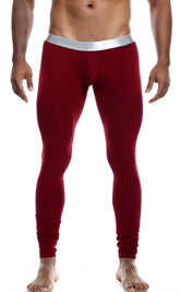 Red athletic long john pima leggings with a silver waistband designed for men in breathable fabric