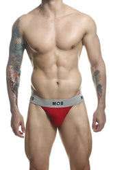 Red malebasics mbl107 mob classic fetish jockstrap with gray waistband and mob logo in red athletic briefs design