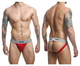 Malebasics mbl107 mob classic fetish jockstrap in red and gray with a snug fit design and 3 inch straps
