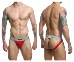Malebasics mbl107 mob classic fetish jockstrap in red and gray with a snug fit design and 3 inch straps