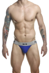 Blue and gray malebasics mbl107 mob classic fetish jockstrap with a snug fit in royal color front view