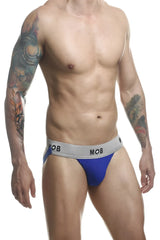 Royal blue malebasics mbl107 mob classic fetish jockstrap with gray waistband and mob logo in black text