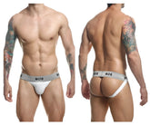 Malebasics mbl107 mob classic fetish jockstrap in white with gray mob branded waistband and textured fabric
