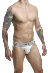 White textured briefs with gray waistband featuring mob logo from MaleBasics MBL107 classic fetish jockstrap collection