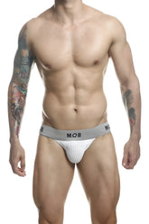 White textured briefs with gray waistband featuring mob logo from malebasics mbl107 classic fetish jockstrap