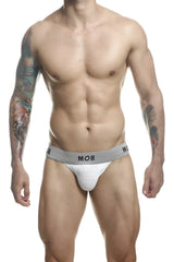 White textured briefs with gray waistband featuring mob logo from malebasics mbl107 classic fetish jockstrap