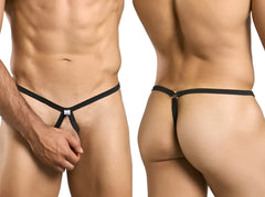 Black malebasics mbl24 tear drop thong showing back with central triangular design and small metallic clasp