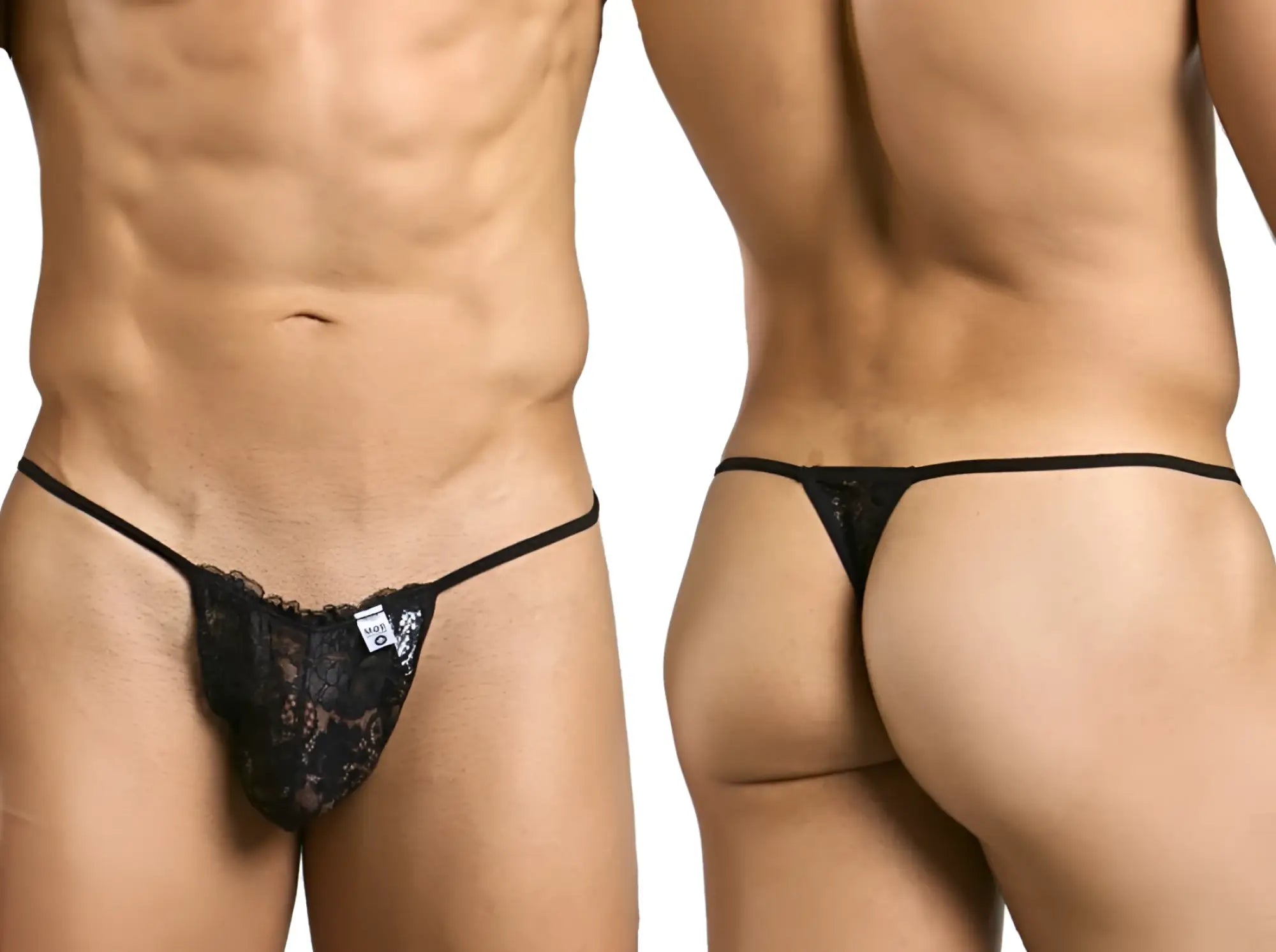 Malebasics mbl27 black lace thong with thin elastic straps and a small white tag at the front