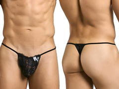 Malebasics mbl27 black lace thong with thin elastic straps and a small white tag at the front