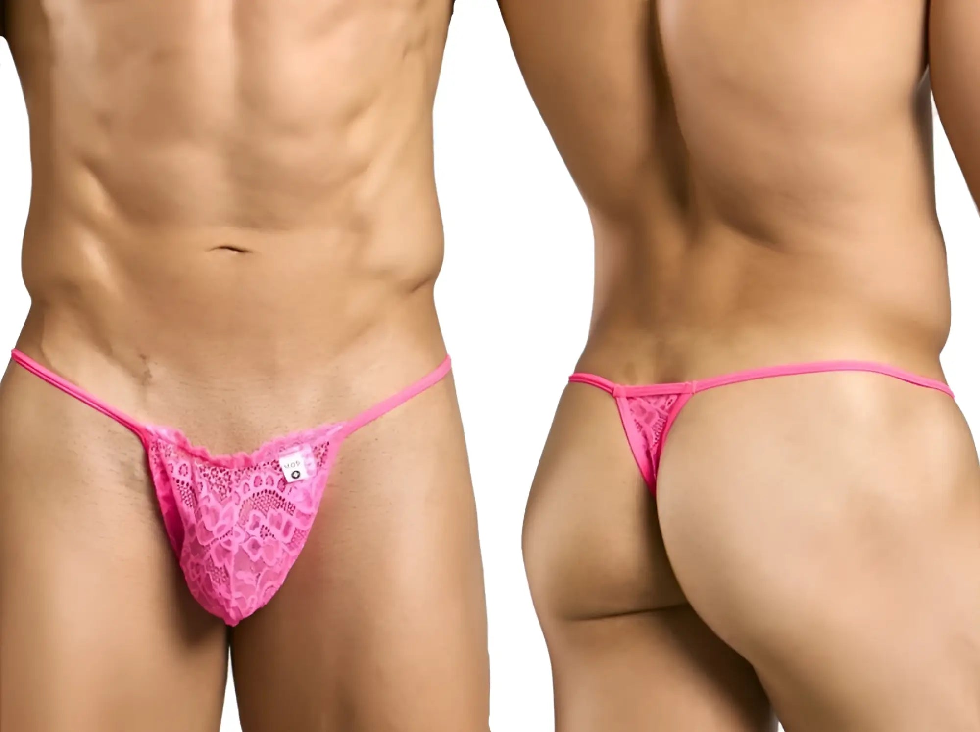 Pink lace thong with delicate heart pattern and thin elastic straps from malebasics mbl27 in hot pink color