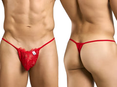 Red lace thong with delicate intricate pattern and thin straps from MaleBasics MBL27 collection in color red
