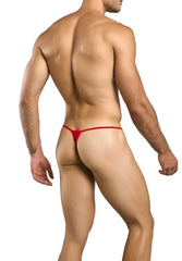 Red male basics mbl27 lace thong with a thin seamless design showcasing the back side of the underwear