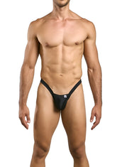 MaleBasics MBL52 Y Buns black form-fitting thong with a small logo on the front designed for male comfort