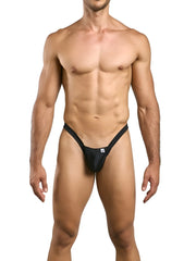 MaleBasics MBL52 Y Buns black form-fitting thong with a small logo on the front designed for male comfort