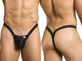 Black male basics mbl52 y buns thong with narrow supportive waistband and minimal coverage shown from the back