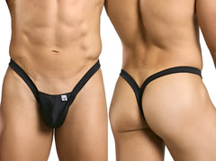 Black male basics mbl52 y buns thong with narrow supportive waistband and minimal coverage shown from the back