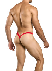 Malebasics mbl52 y buns thong in red with a thin smooth fabric waistband shown from the back side