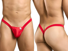 Malebasics mbl52 y buns thong in red with smooth satin fabric and small white tag at the front
