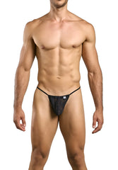Malebasics mbl59 black lace g-string thong with a small white logo on the front for men