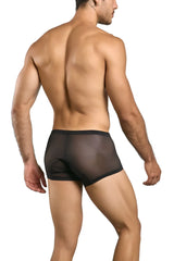 Malebasics mbl78 lace trunks in black sheer mesh briefs with solid black waistband front view