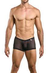 Malebasics mbl78 black sheer mesh briefs with solid waistband and small white logo on the front