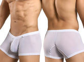 Malebasics mbl78 lace trunks in white sheer mesh with solid white waistband and trim men’s briefs front view