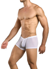 Malebasics mbl78 lace trunks white mesh briefs with sheer fabric and solid white waistband for men