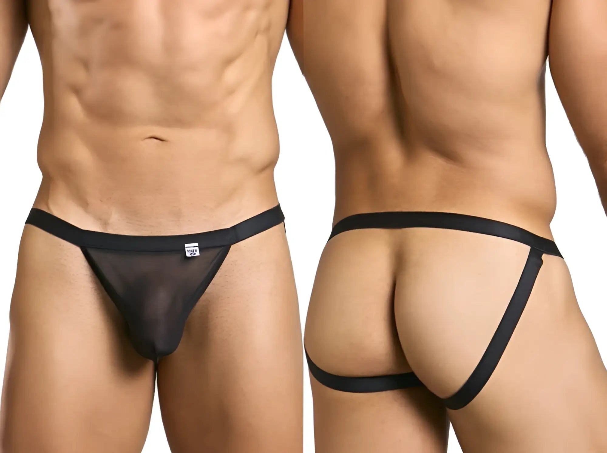 Black sheer mesh thong with black elastic waistband and side straps from MaleBasics MBL82 sexy jockstrap collection