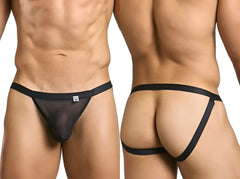 Black sheer mesh thong with black elastic waistband and side straps from MaleBasics MBL82 sexy jockstrap collection