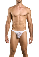 Malebasics mbl82 white lace jockstrap featuring a delicate floral pattern and solid white waistband shown from the back