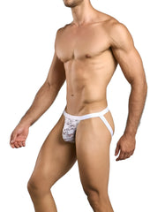 Malebasics mbl82 sexy jockstrap in white lace with sheer patterned front panel and lace trim briefs
