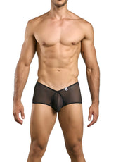 Malebasics mbl83 loop cheeky trunks black sheer mesh briefs with central front panel and white logo waistband
