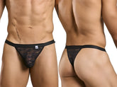 Black lace thong with a solid black waistband from malebasics mbl85 y sexy thongs in black lace material front view