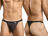 Malebasics mbl85 y sexy thong in black sheer mesh with solid black waistband showing front view